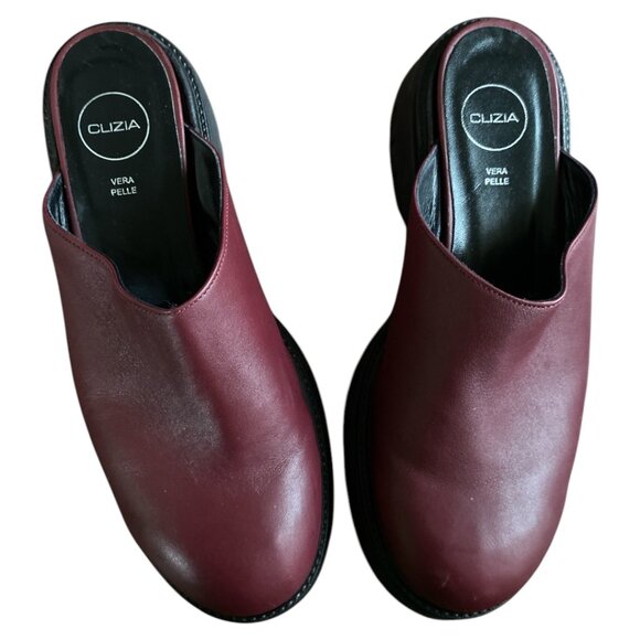 Clizia Leather Burgundy "Sierra" Platform Mules Leather Chunky Platform Size 39 - Picture 4 of 9